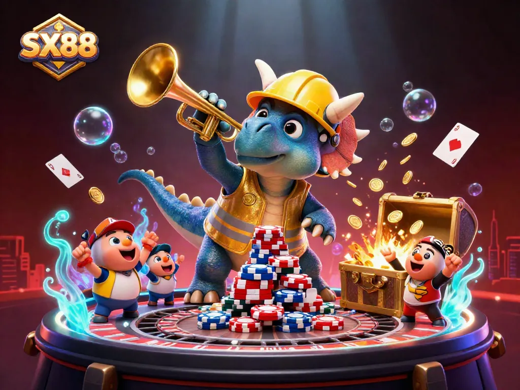 SX88 brings excitement to gaming with a triceratops and parasaurolophus celebrating amidst casino elements.