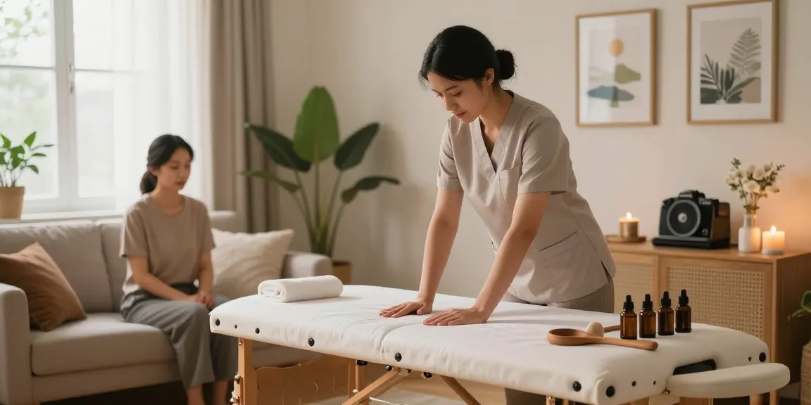 Client receiving 성동구출장안마 in a serene home environment with professional massage therapist.