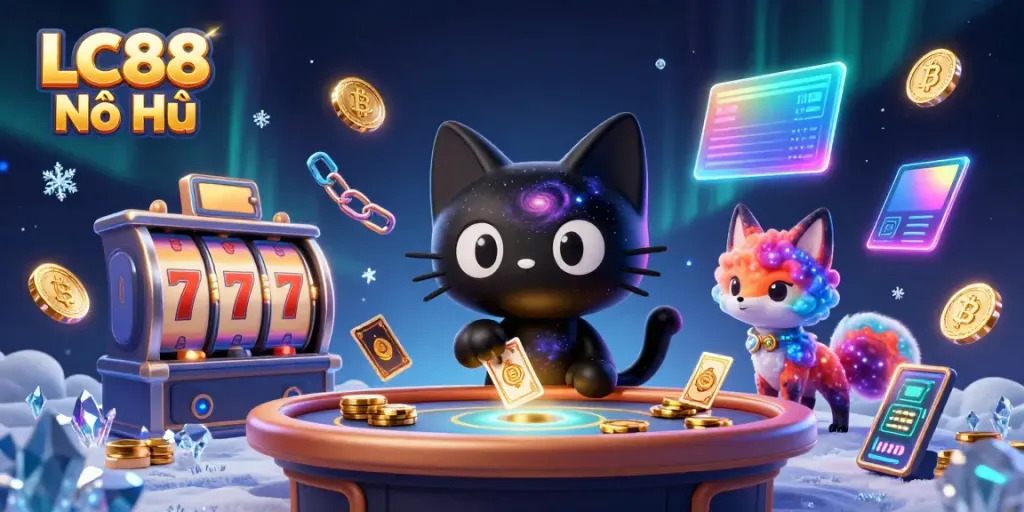 Engage in LC88 Nổ Hũ with vibrant slot reels and cosmic characters showcasing excitement.