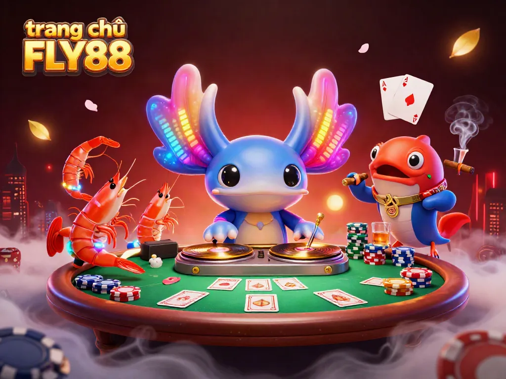 engaging scene at trang chủ FLY88 featuring an axolotl DJ, dancing shrimp, and vibrant casino elements