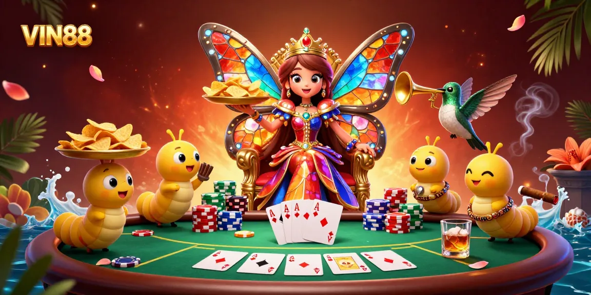 Experience the enchanting world of VIN88 as the butterfly queen oversees a vibrant poker game, elevating your gambling adventures.