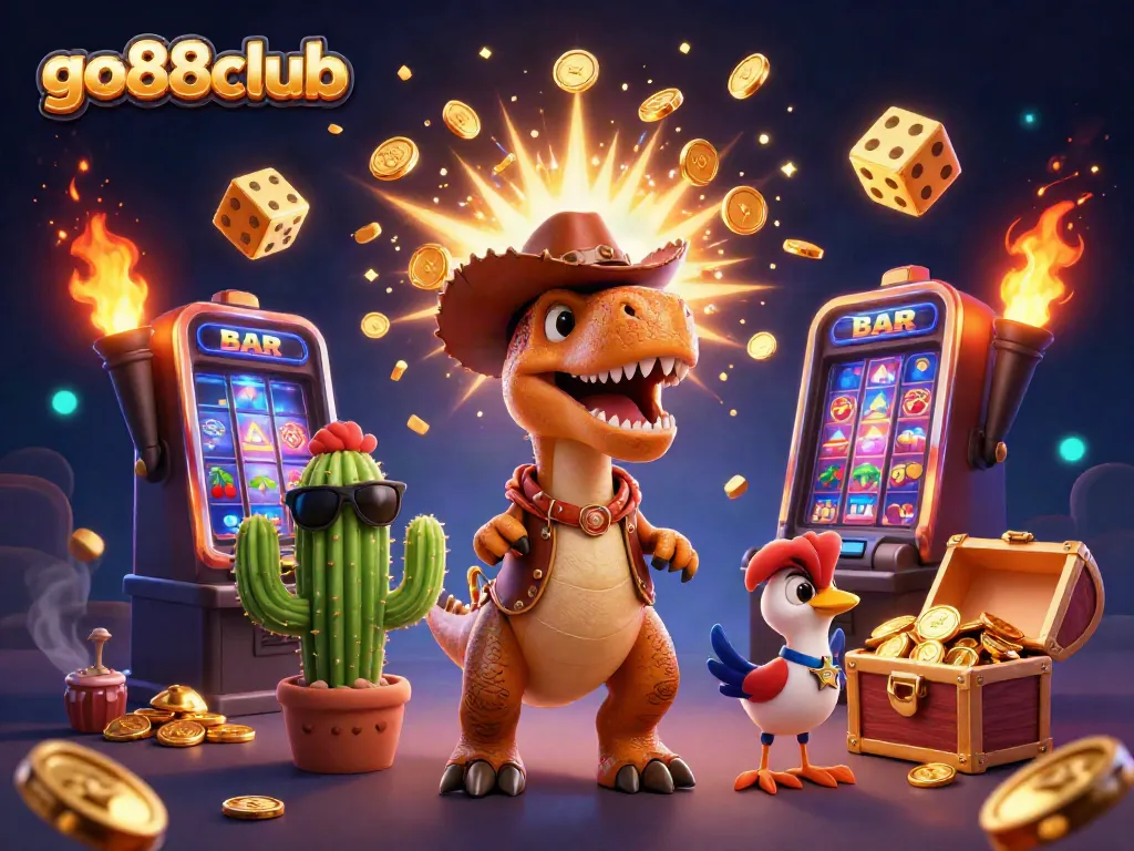 Experience excitement at go88club with a T-Rex cowboy and friends exploring a jackpot in a vibrant casino environment.