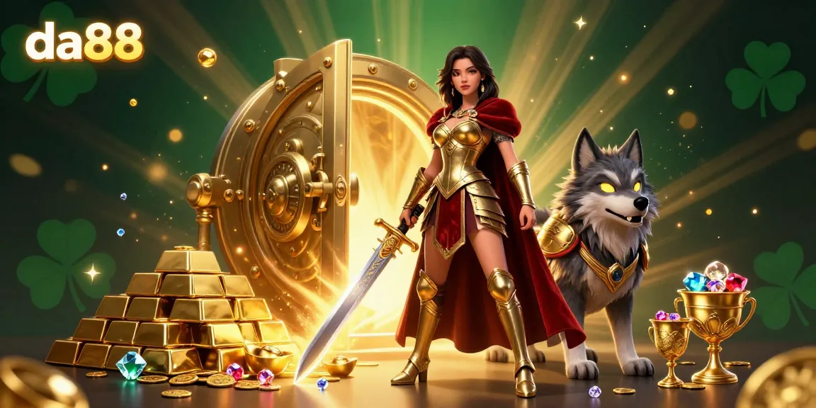 Experience thrilling gameplay at da88 with a captivating warrior queen and treasure-filled scene.