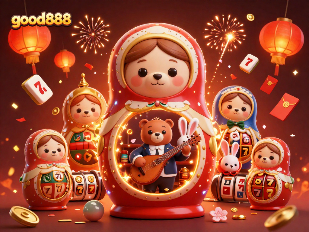 Experience luck at good888 with festive casino characters amidst vibrant sequences and exciting slot elements.