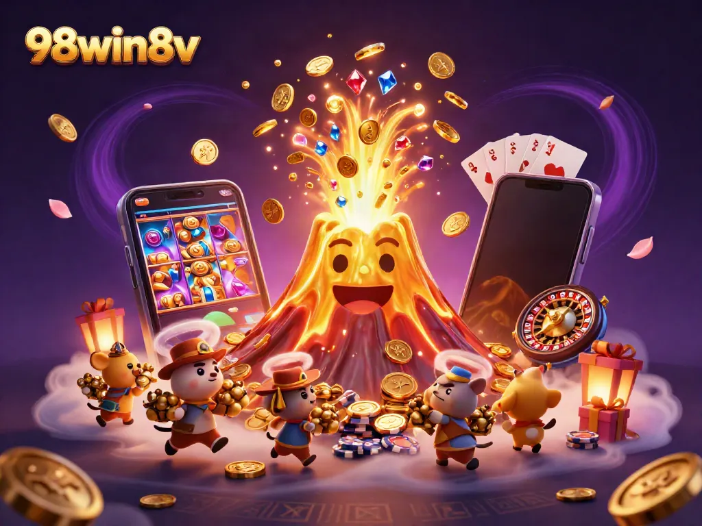 Engage with the thrill of 98win8v as a golden volcano erupts treasure in a lively casino scene.