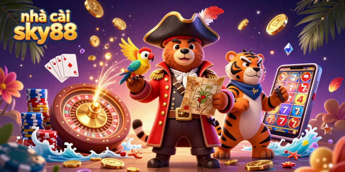 Experience excitement with nhà cái sky88 as our pirate captain navigates a vibrant casino adventure.