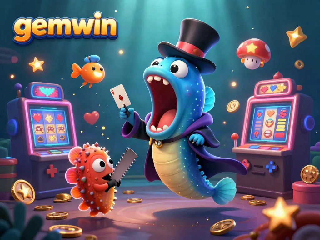 Experience exciting gaming with gemwin as a bioluminescent eel performs card tricks amid vibrant slot machines.