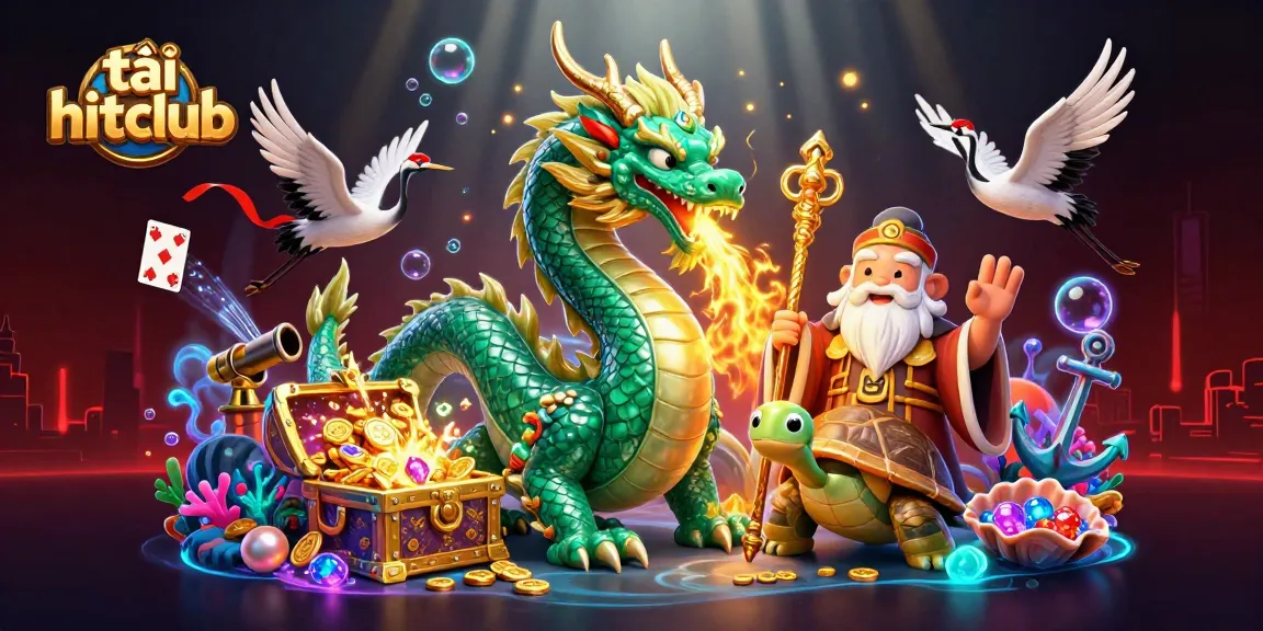 Engage with the dynamic scene of tải hitclub featuring a jade dragon, a wise turtle, and lucky cranes amidst underwater treasures.
