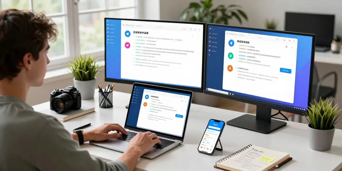 Switching Telegram中文 settings guide in modern tech workspace with vibrant interface elements.
