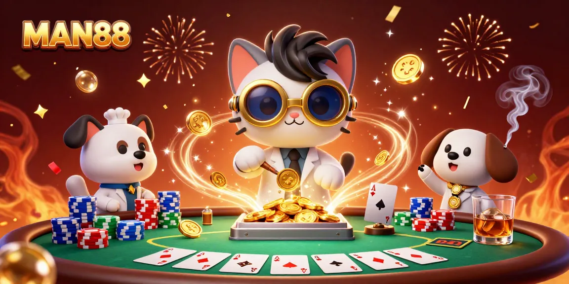 Engage in dynamic poker action at MAN88 with a cartoon mad scientist cat and assistant, surrounded by vibrant casino elements.