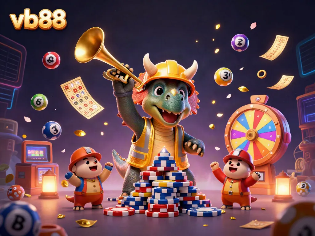 Celebrate winning moments with vb88 in this vibrant 3D casino scene featuring unique dinosaur characters.
