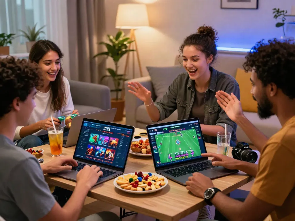 Exciting gaming experience at https://fabet.com.mx/ with friends enjoying online gambling in a cozy living room.