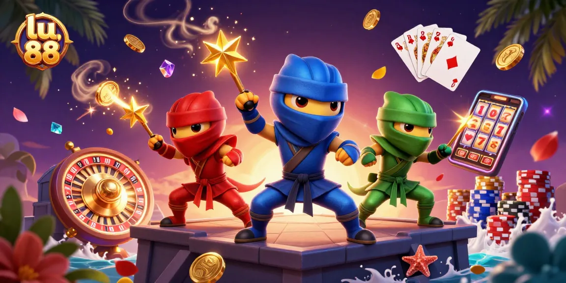 Experience thrilling gameplay with LU 88's vibrant casino-themed illustration, featuring chameleons and classic game elements.