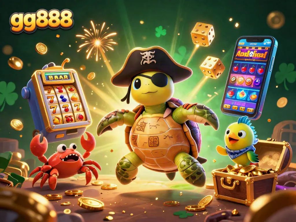 Win big with gg888 in a vibrant casino atmosphere featuring playful characters amidst a slot machine explosion.