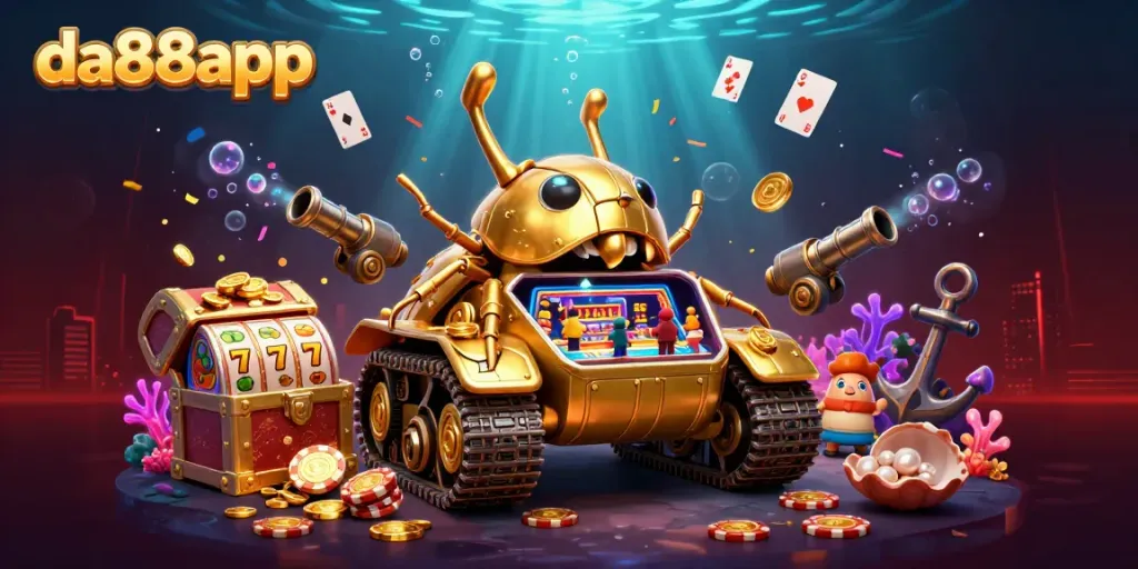 da88app features a vibrant 3D casino tank with slot reels and underwater treasures, attracting gamblers.