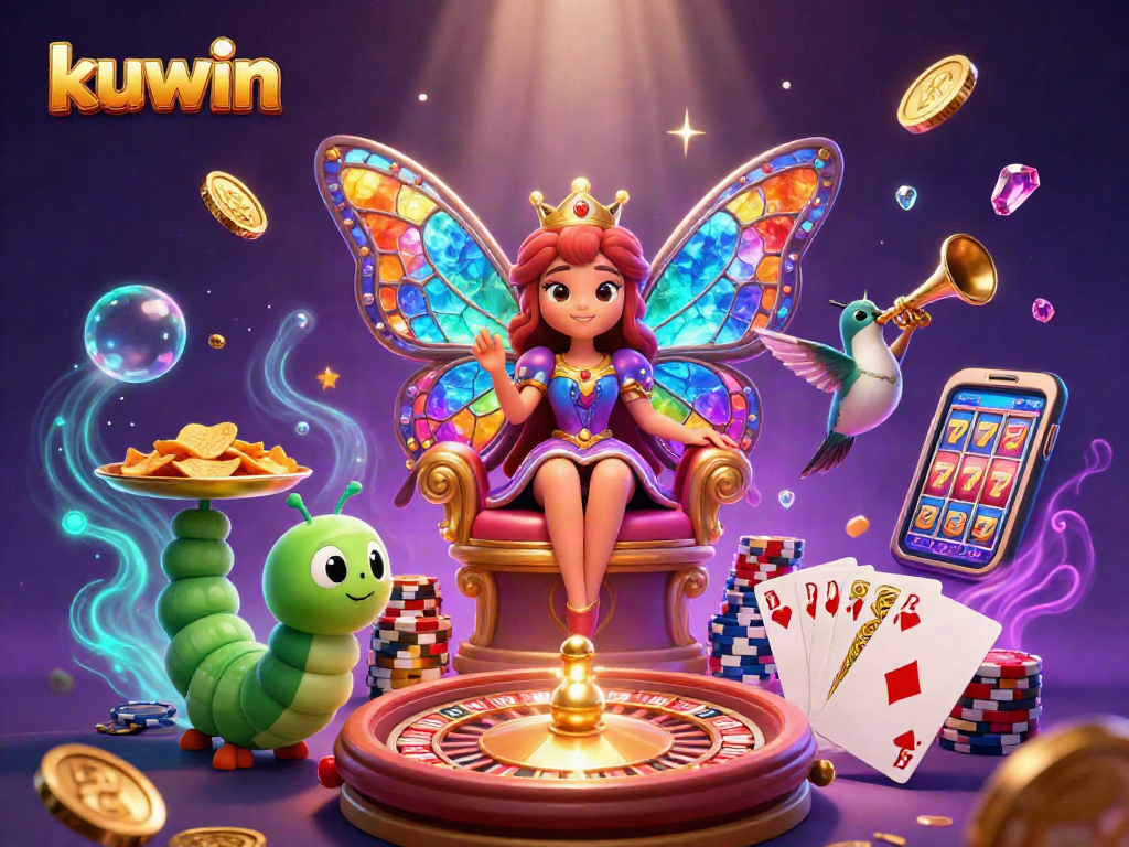 Kuwin's vibrant casino scene illustrates a 3D cartoon butterfly queen amidst sparkling gambling elements for players.