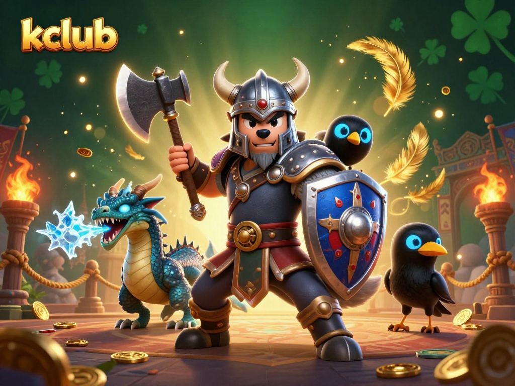 Engage with kclub's thrilling gaming experience featuring a Viking wolf warrior and dragon in a dynamic casino scene.
