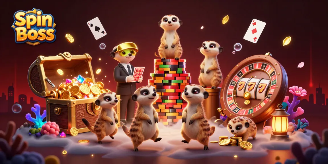 Spin Boss meerkat casino scene with lively characters managing games and treasures