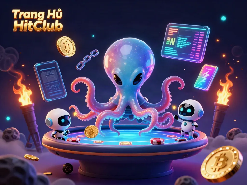 Engage in thrilling betting at Trang Chủ HitClub with lively holographic poker depicted in vibrant colors.