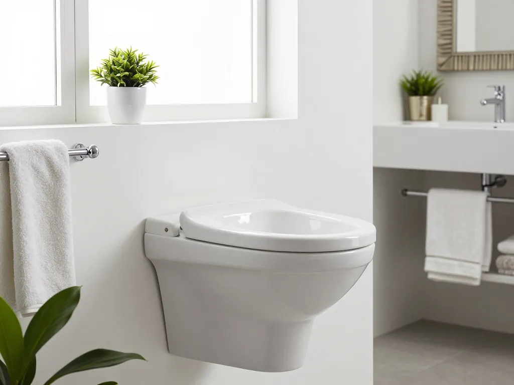 Moderne verkort wc pot in een stijlvolle compacte badkamer met minimalistische decoratie.