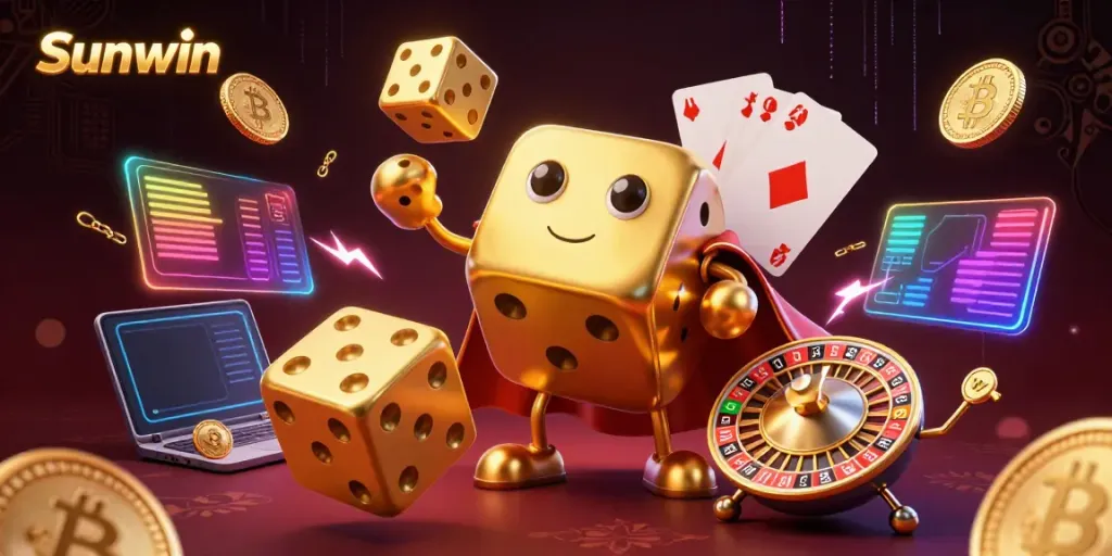 Engage with Sunwin's thrilling world of gaming featuring 3D cartoon characters and vibrant crypto elements.