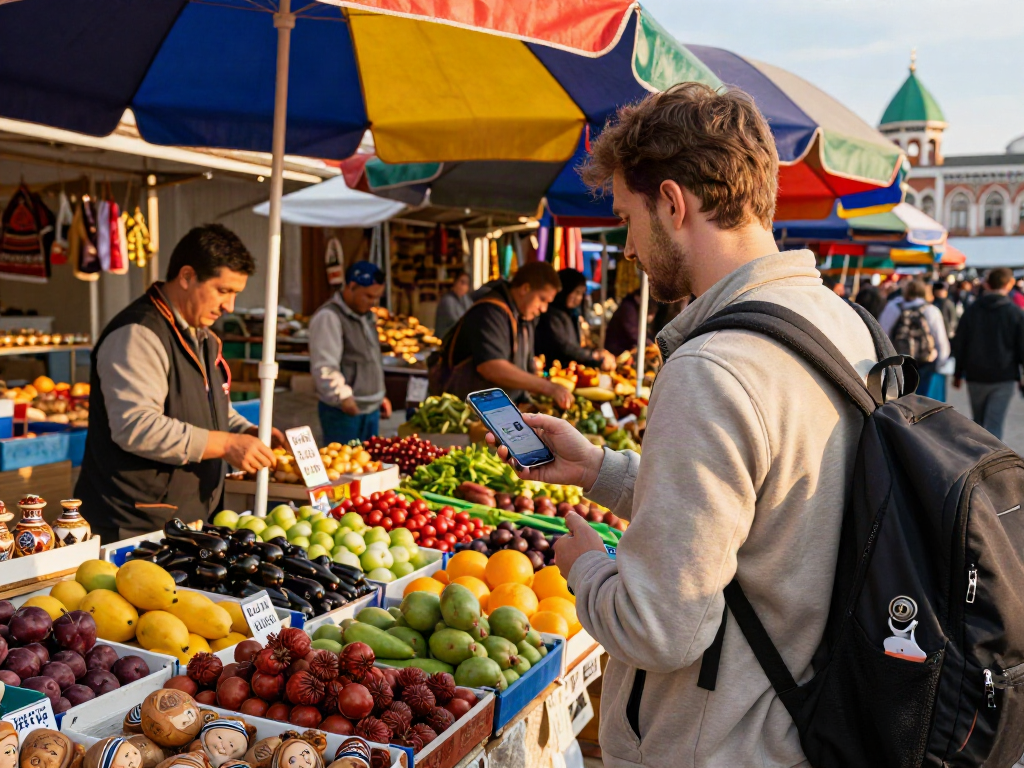 Een reiziger die de PayInRussia-app gebruikt voor betalingen op een lokale markt in Rusland.