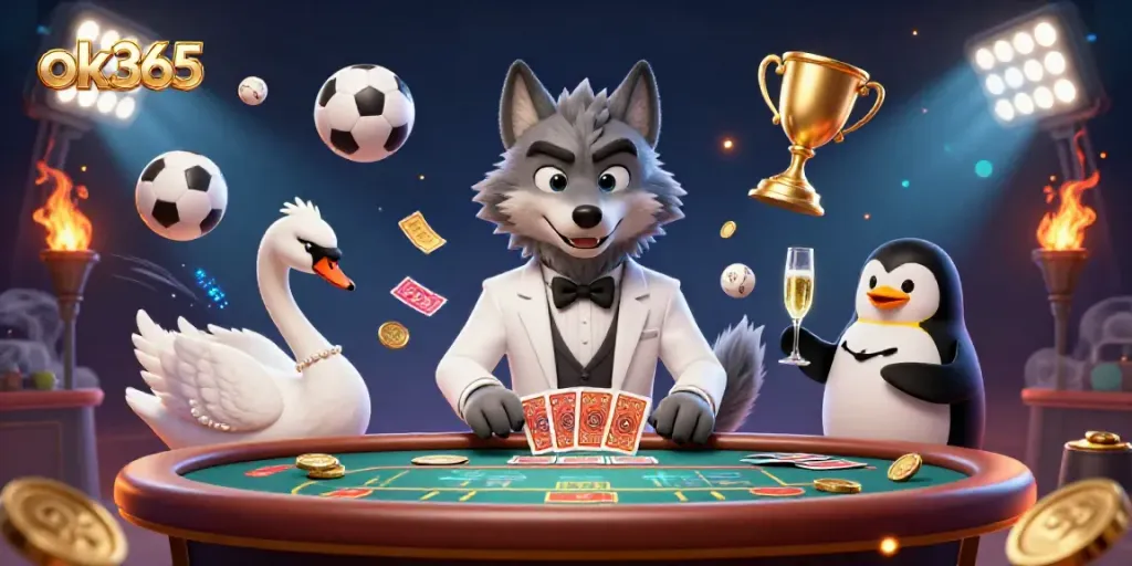 Experience thrilling gameplay at ok365 with a charming baccarat table scene and delightful characters.