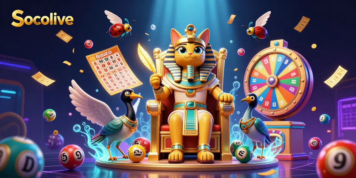 Socolive presents an engaging scene of a pharaoh cat and ibis scribe amidst colorful lottery elements, celebrating dynamic gaming vibes.