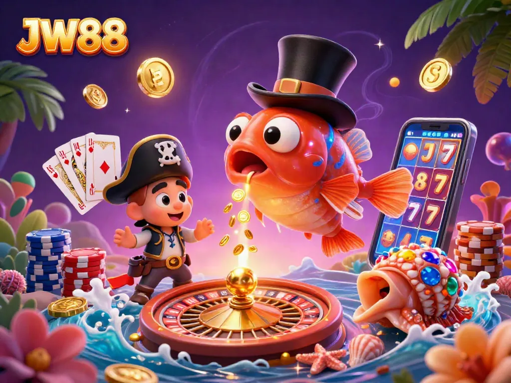 Engage with JW88's vibrant 3D underwater casino illustration showcasing exciting game elements and captivating characters.