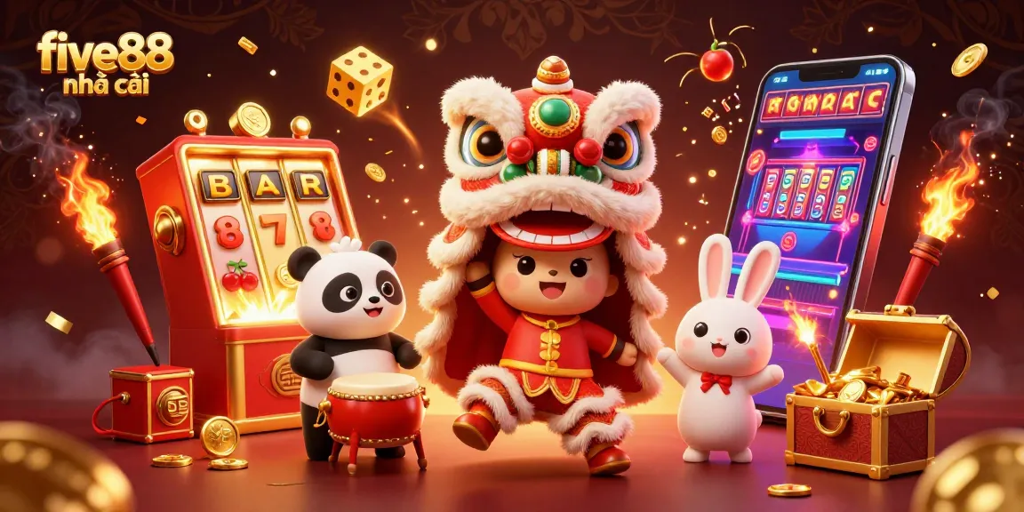 Experience the thrill of five88 nhà cái with a lively lion dance and exciting casino elements bursting in a vibrant scene.