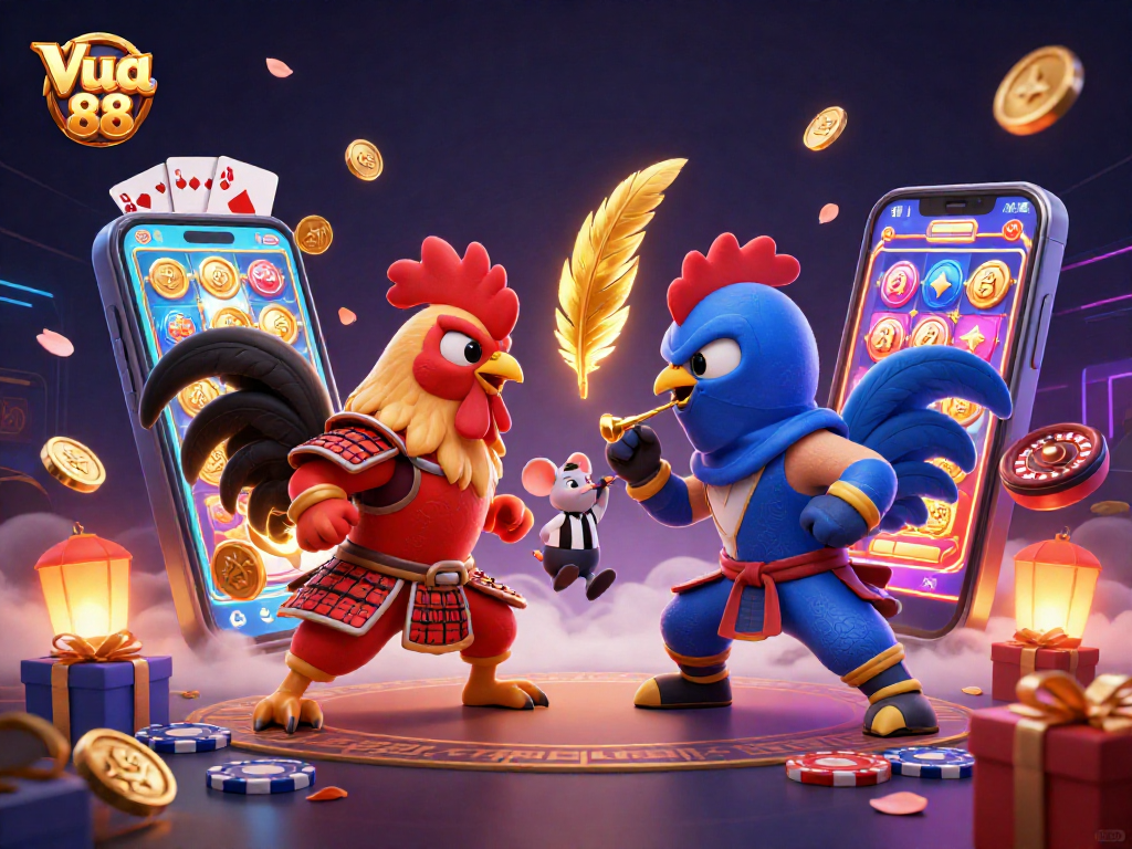 Experience thrilling action at Vua 88 with dynamic gambling scenes featuring fighting roosters and colorful game elements.