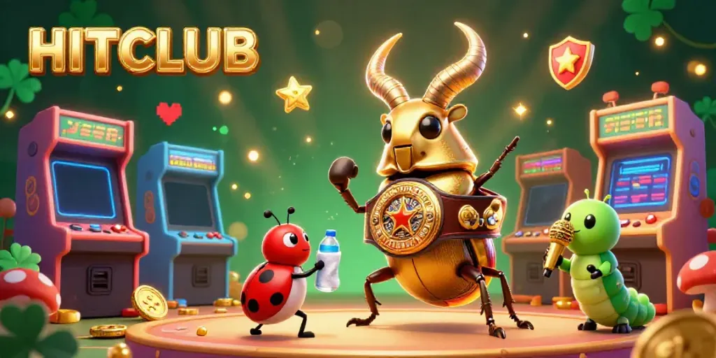 Experience the excitement of HITCLUB with a stunning boxing-style illustration featuring animated characters, casino and gaming elements.