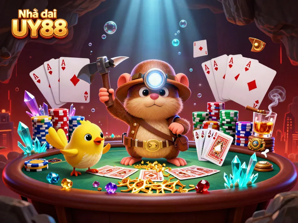 Experience thrilling gambling action at Nhà cái UY88 with vibrant casino graphics and dynamic characters.