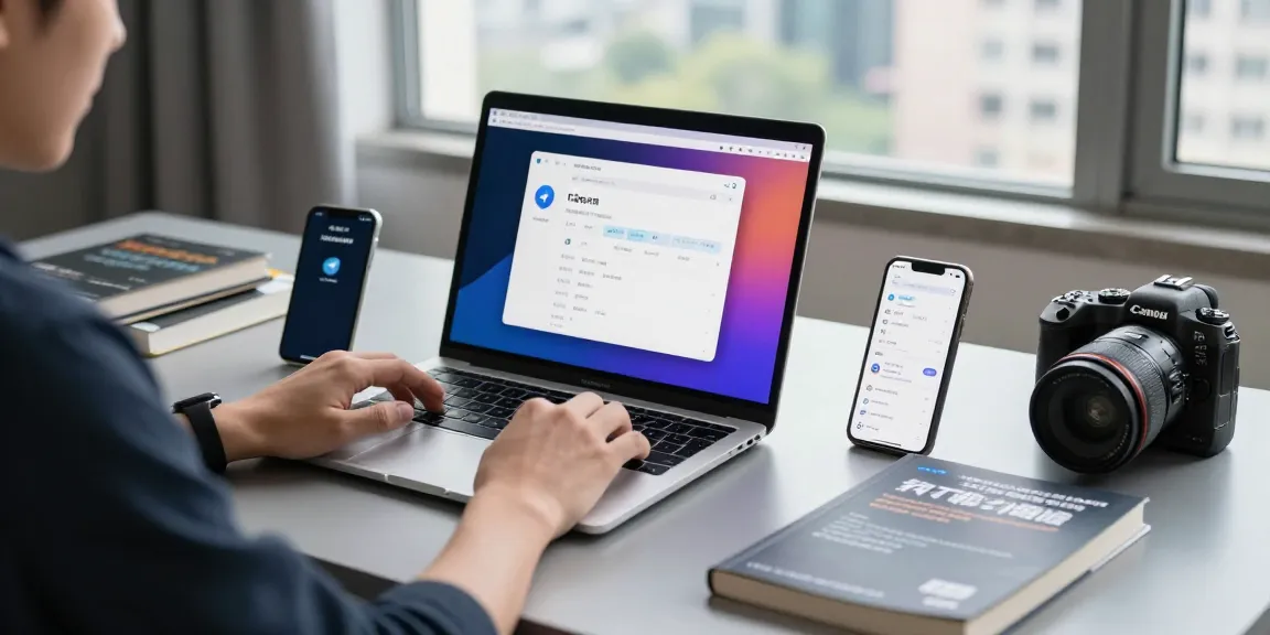 Configuring Telegram Chinese interface on a laptop in a modern workspace with natural light.