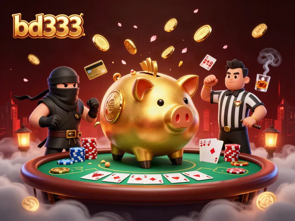 Experience the excitement of bd333 with a dynamic 3D illustration featuring casino-themed characters and vibrant elements.