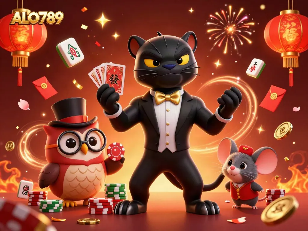 Experience the excitement of winning at ALO789 with vibrant gambling elements and playful characters.