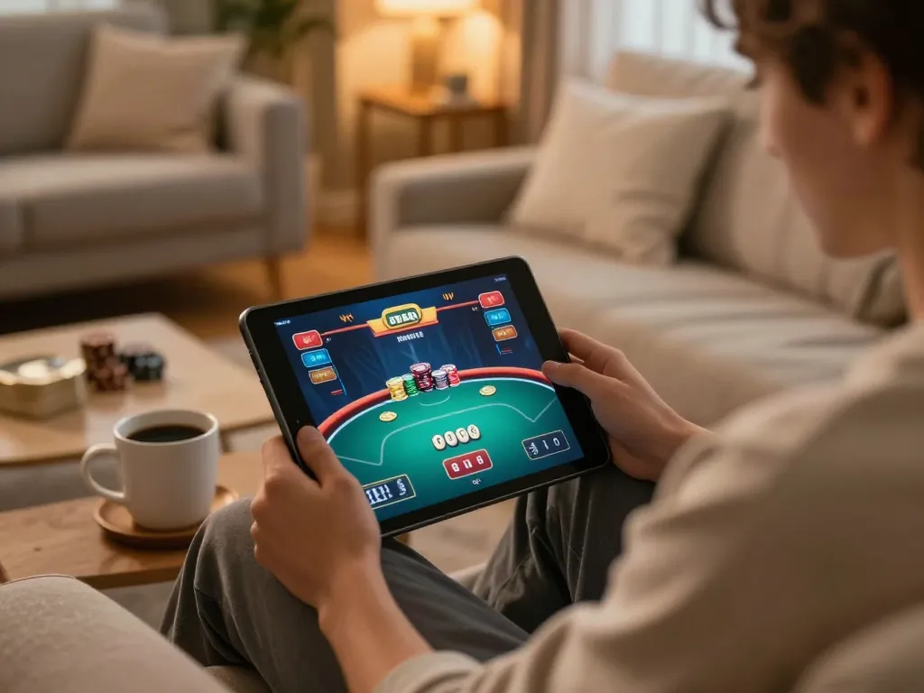 uk88 online poker gameplay on tablet in cozy home setting
