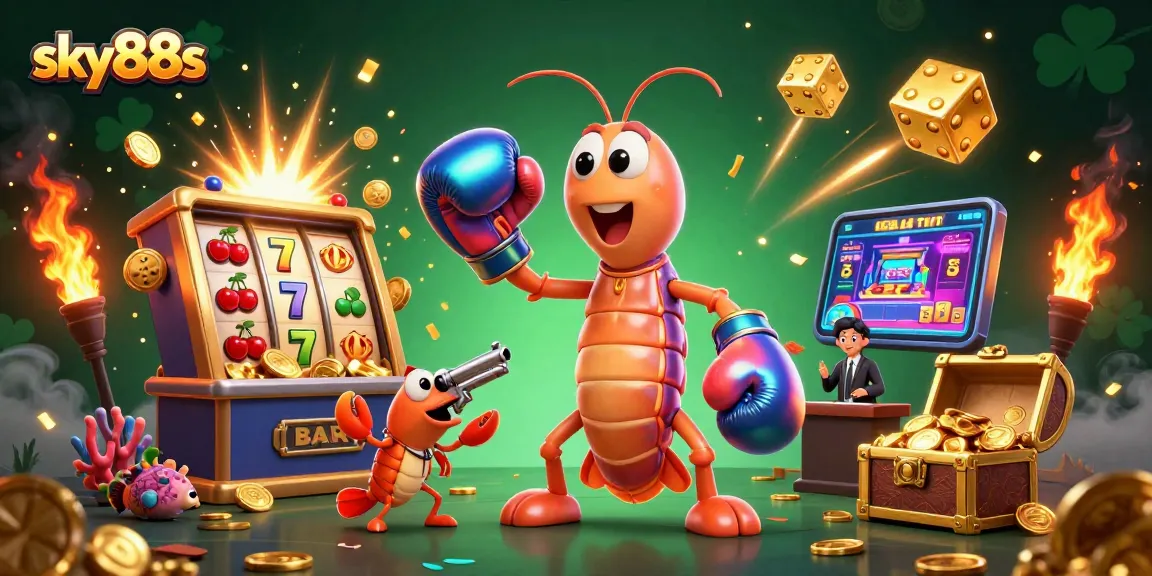 Engage with sky88s' vibrant gaming experience featuring colorful slot machines bursting with coins.