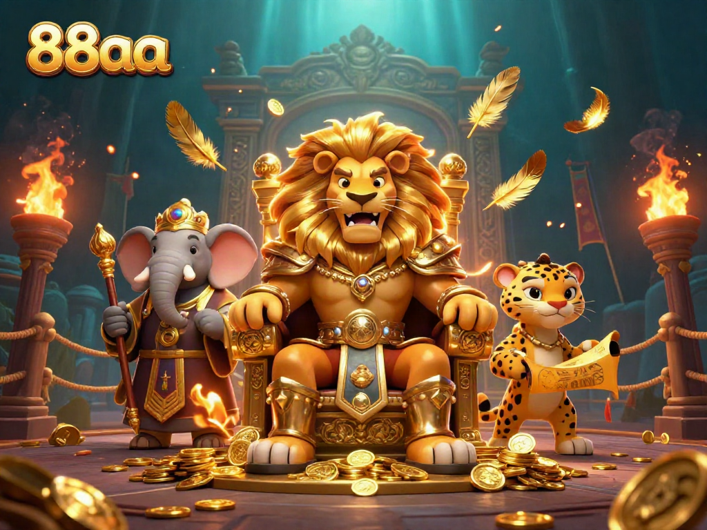 Engage with 88aa featuring a lion king on a gold coin throne amidst vibrant casino elements.