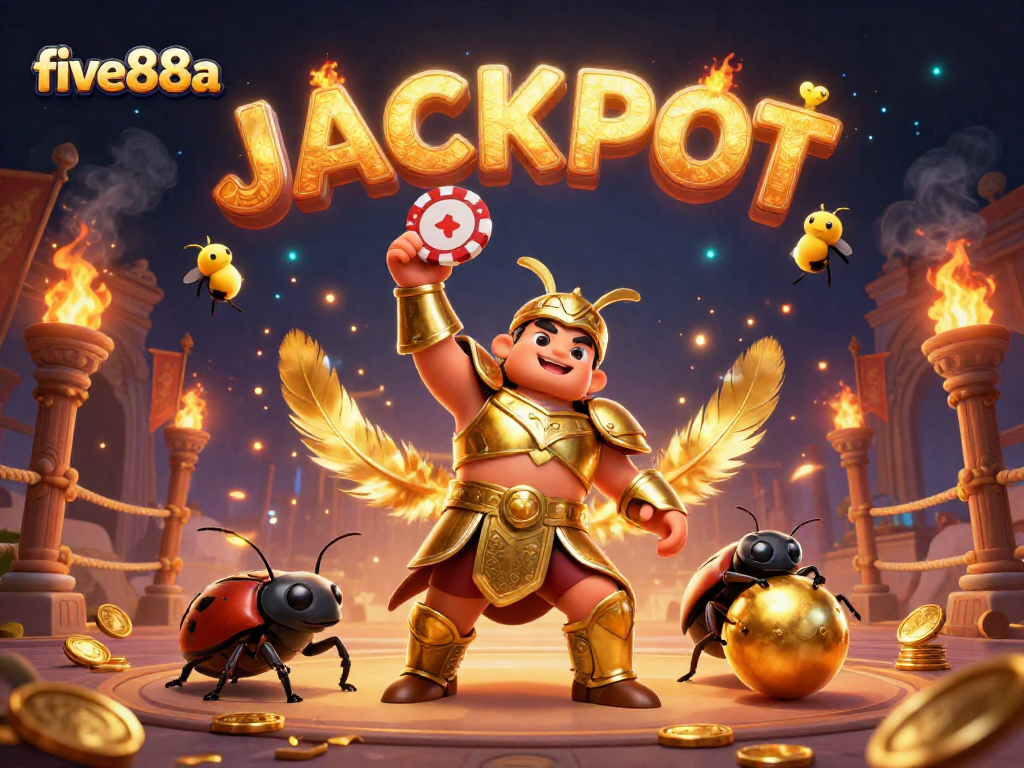 Experience the excitement of five88a where a victorious beetle celebrates with golden winnings and dynamic casino elements.