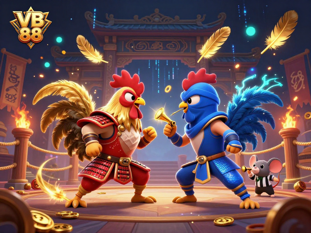 Experience VB 88 action with fighting roosters in an intense gambling standoff.