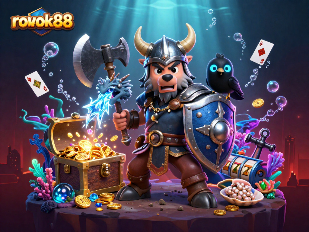 Experience the excitement of rokok88 with a vibrant casino illustration featuring a Viking wolf and dragon.