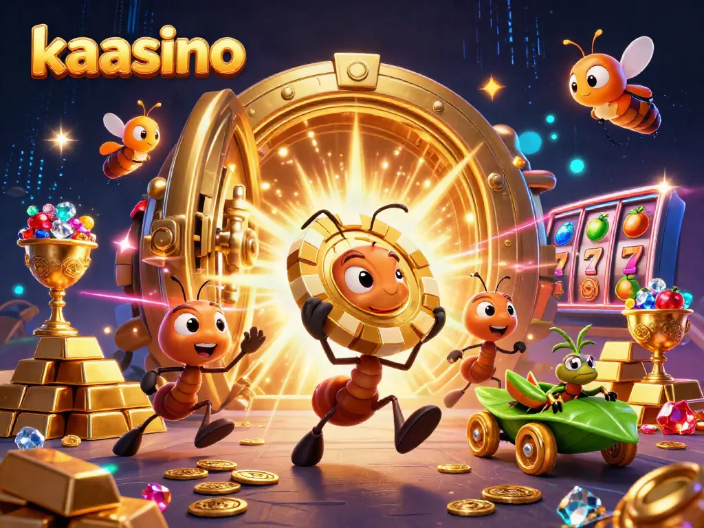 Kaasino ant team carrying a giant poker chip surrounded by golden treasures and slot elements.