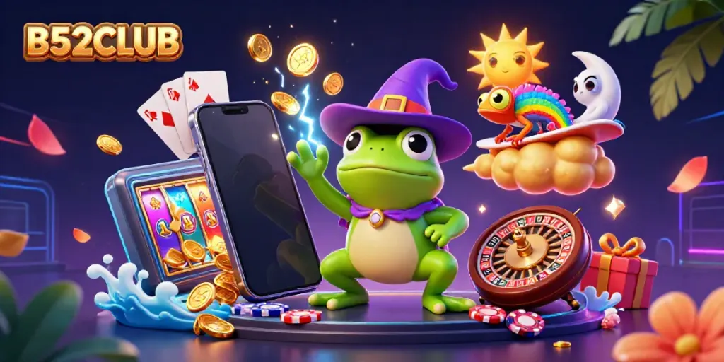B52CLUB brings excitement with vibrant coins and characters in a dynamic casino illustration.