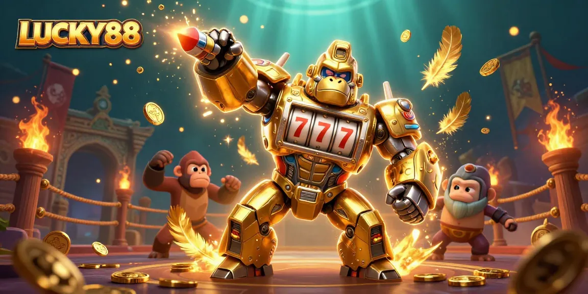 Experience the excitement of LUCKY88 with a 3D golden gorilla mech and dynamic casino elements.