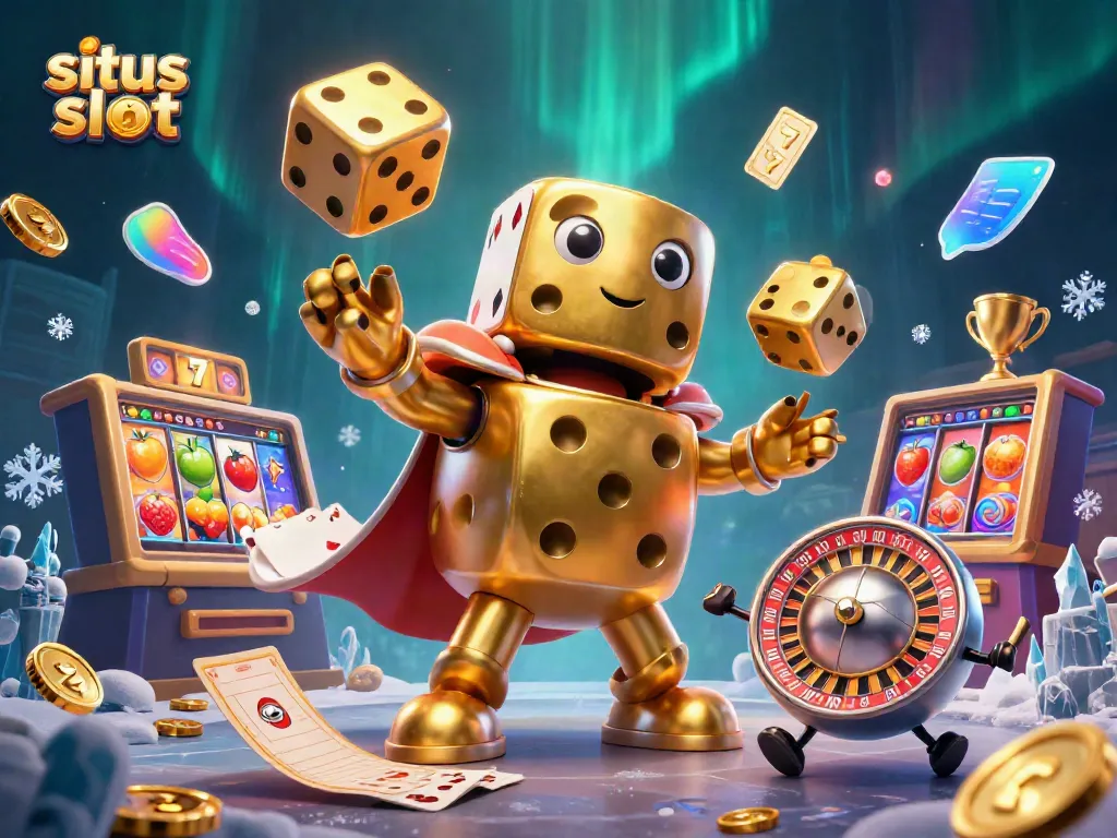 Experience the excitement of situs slot with a dynamic 3D scene featuring golden dice, slot reels, and vibrant casino elements.