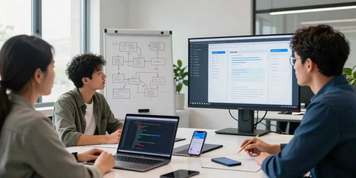 Build internal tools with AI: A team collaborating in a modern tech workspace, illustrating internal tool development.