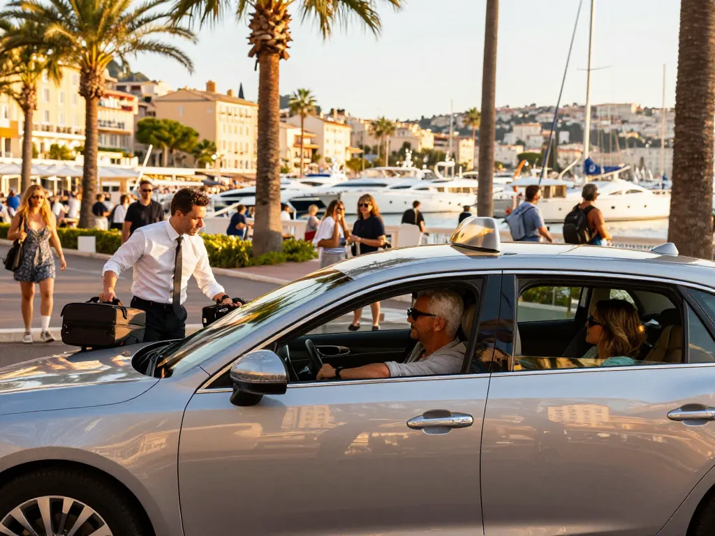 Taxis à St Tropez offrant une expérience de transport haut de gamme avec un véhicule de luxe devant la pittoresque Côte d'Azur.