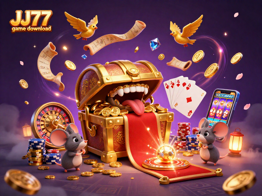 Experience the excitement of the JJ77 game download with our vibrant casino-themed illustration.