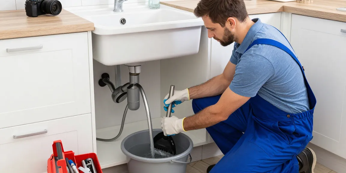 Afvoer verstopt in Gent: loodgieter gebruikt een ontstopper in een keuken met zichtbare waterproblemen.